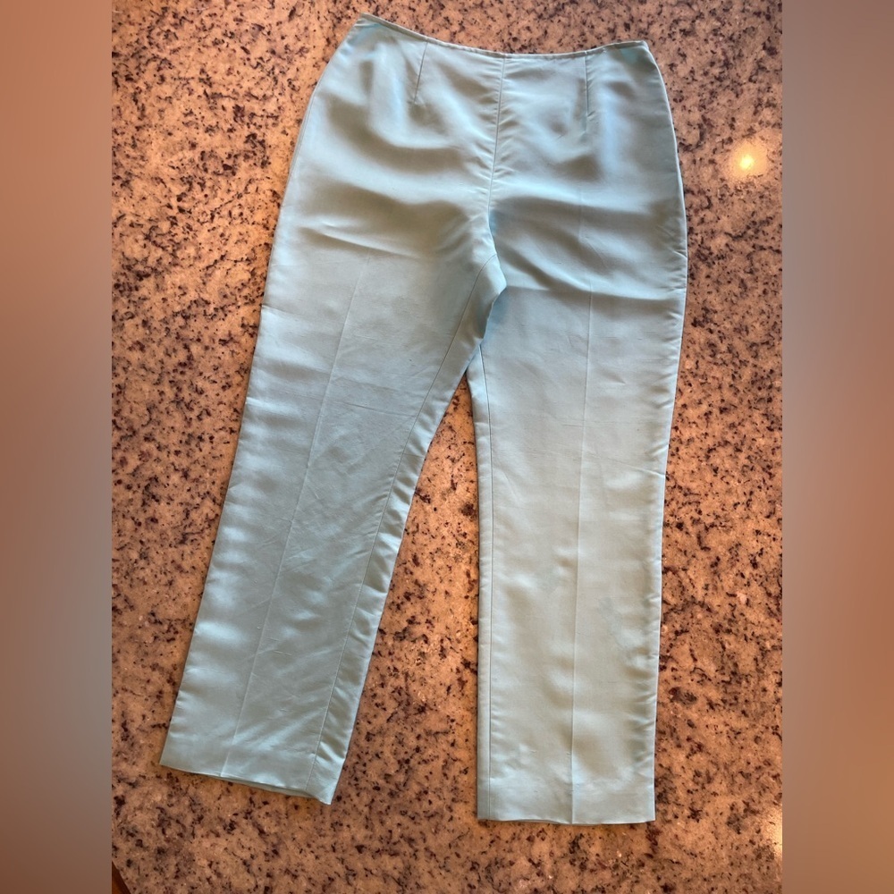 Women’s high-rise cropped Light Blue 100% raw silk trousers SZ 10